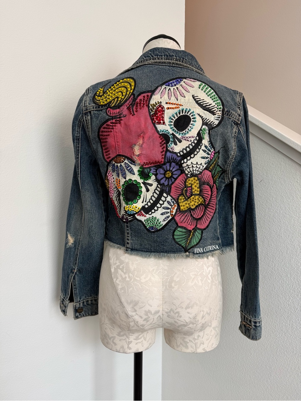 Fina Catrina Day Of The Dead Skulls Beaded Painted Denim Jacket Coat Small